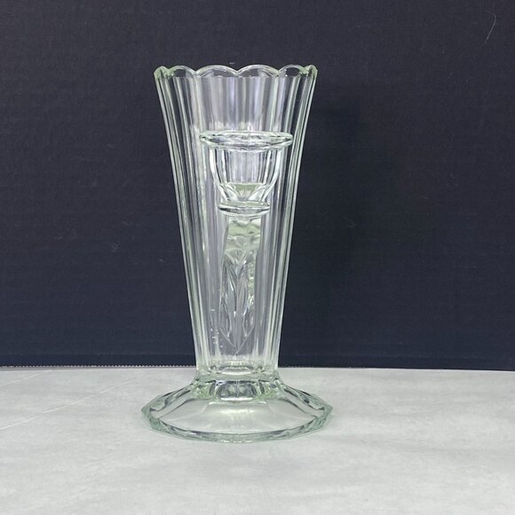 Vintage Jeannette Two Light Candle Holders Art Deco Vase Clear Glass - Picture 2 of 10